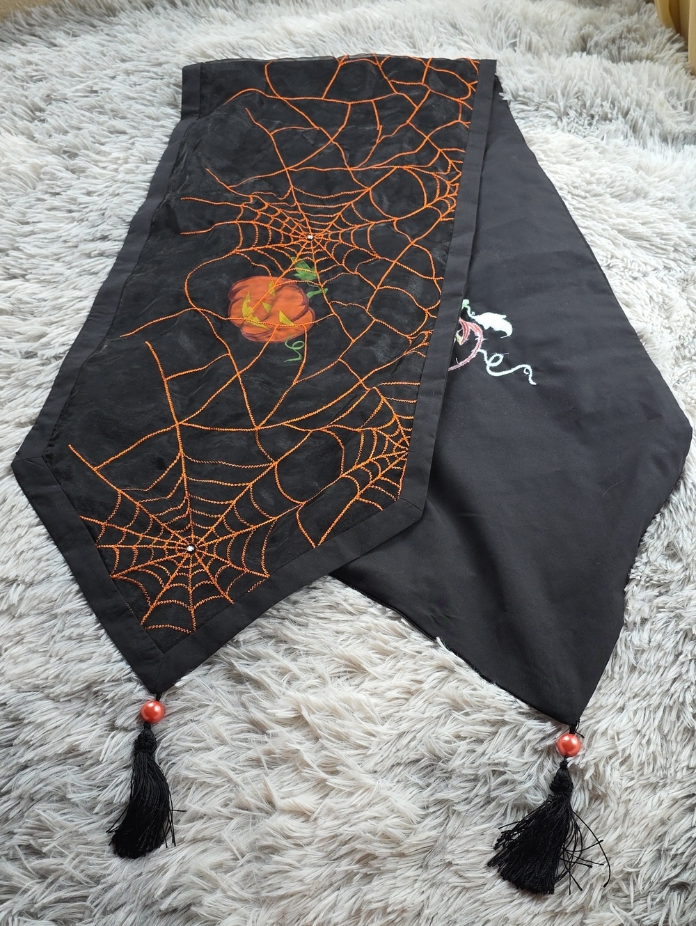 Halloween Spiderweb Table Runner in Black and Orange